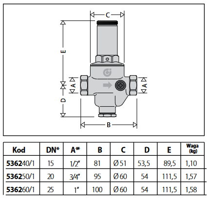 Reduktor regulator ciśnienia wody CALEFFI 536260 z przyłączem na manometr